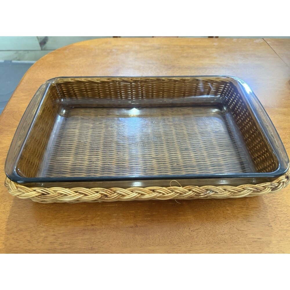 Vintage Pyrex 232 Rectangle Amber Brown Glass W/Basket Casserole Dish Baking